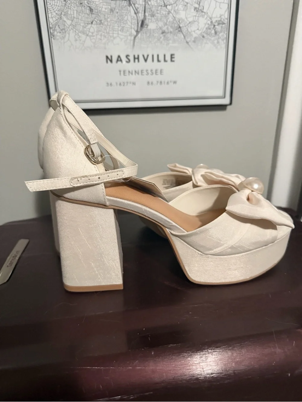 Target Ivory Satin Platform Heels with Bow & Pearl Accent